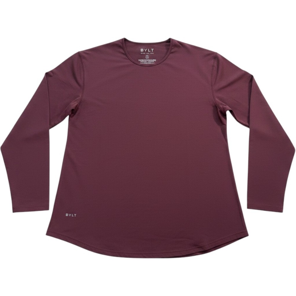 BYLT Drop Cut Lux Long Sleeve Shirt Mens XL Maroon Athletic Curved Hem - Picture 2 of 8